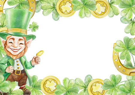 Frame of green clover leaves, gold coins, horseshoe and leprechaun. Hand drawn watercolor illustration isolated on white. For St. Patricks Day cards, invitations, banners, posters.の写真素材