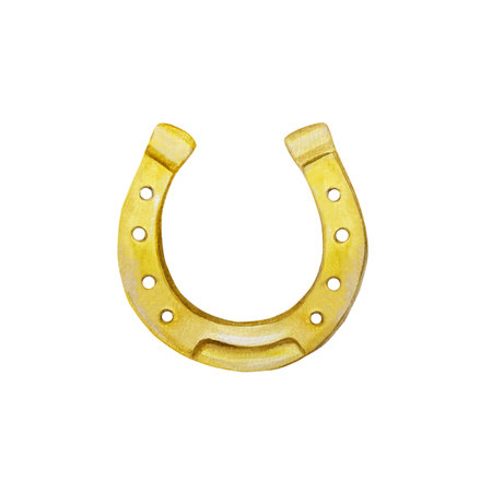 Golden horseshoe. St. Patricks Day holiday element. Hand drawn watercolor illustration isolated on white. For cards, invitations, banners, posters.の写真素材