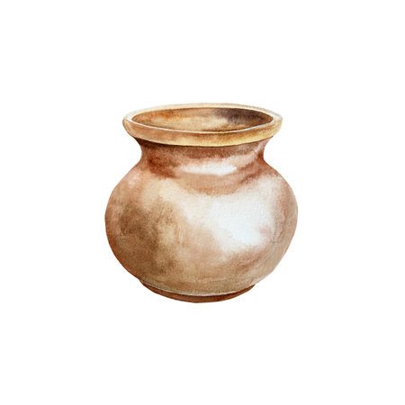 Empty clay pot. St. Patricks Day holiday element. Hand drawn watercolor illustration isolated on white. For cards, invitations, banners, posters.の写真素材