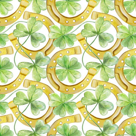 Green clover leaves and golden horseshoe, seamless pattern. Symbols of St. Patricks Day holiday. Hand drawn watercolor illustration. For greeting cards, wrapping paper, textile, covers, fabric.の写真素材