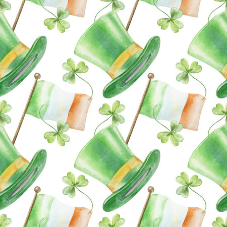 Green top hat, Irish flag and clover leaf, seamless pattern. Symbols of St. Patricks Day holiday....