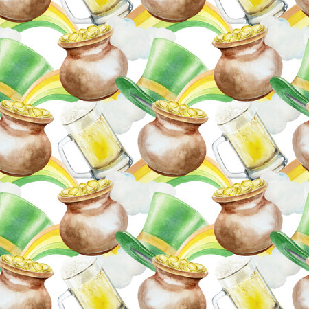 Green top hat, pot of gold coins, beer mug, rainbow, seamless pattern. Symbols of St. Patricks Day holiday. Hand drawn watercolor illustration. For greeting cards, wrapping paper,の写真素材