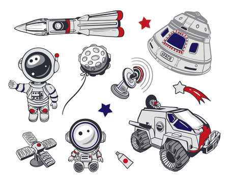 Space set. Rocket, astronauts, moon, transport, satellites, stars. Hand drawn vector illustration. For Cosmonautics Day cards, invitations, wallpapers, posters, stickers, covers, banners.のイラスト素材