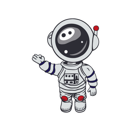 Astronaut standing in spacesuit with raised hand. Hand drawn vector illustration. For Cosmonautics Day cards, invitations, wallpapers, posters, covers, banners.のイラスト素材