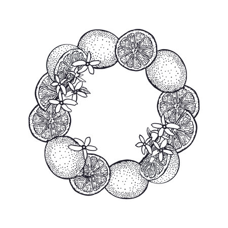 Lemons wreath in graphic style. Whole fruits, slices and flowers. Hand drawn vector illustration. For food and cosmetic labels, jam and lemonade, banners, posters, invitations, postcards.のイラスト素材