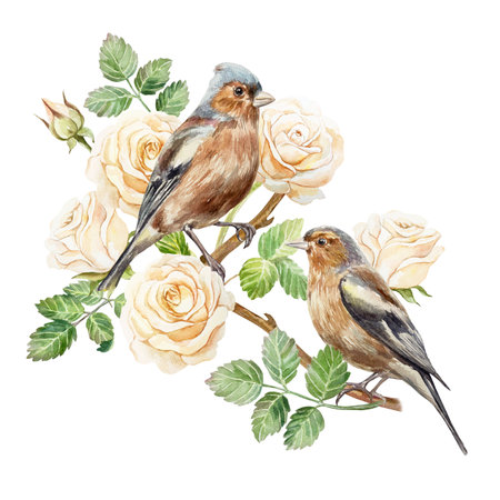 Beautiful roses in peach tones, sitting birds. Hand drawn watercolor illustration of pastel flowers isolated. Vintage birthday, valentines day, mothers day cards, invitations, banners, posters.の写真素材