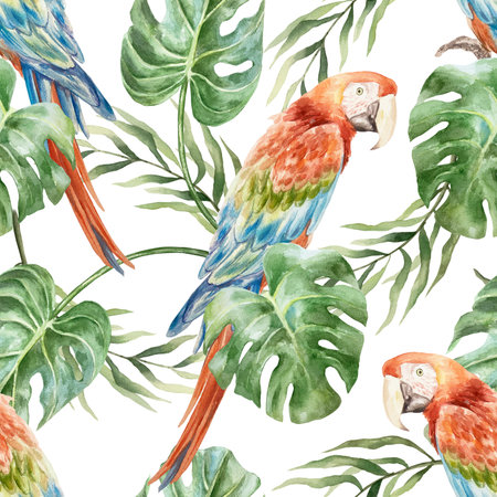 Macaw parrot and tropical leaves seamless pattern. Hand drawn watercolor illustration isolated on white. For greeting cards, invitations, textiles, fabrics, wrapping paper, wallpapers, covers.の写真素材