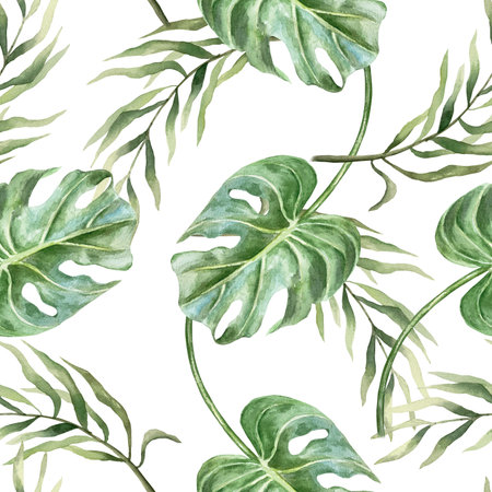 Monstera and palm leaves seamless pattern. Hand drawn watercolor illustration isolated on white. For greeting cards, invitations, textiles, fabrics, wrapping paper, wallpapers, covers.の写真素材