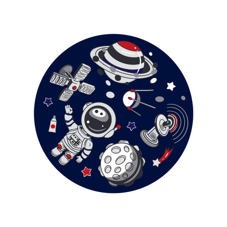 Astronaut, planet, moon, stars, satellite. All enclosed in a circle. Hand drawn vector illustration. For Cosmonautics Day cards, banners, posters, covers, tickets, invitations.のイラスト素材