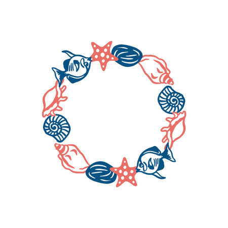 Nautical wreath of shells, starfish, fish and stones. Simple hand drawn line art illustration. Vector clip art for postcards, labels and tableware.のイラスト素材