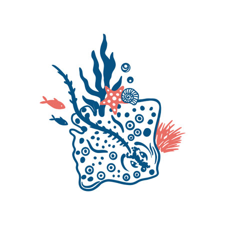 Stingray with fish, shells and seaweed. Hand drawn vector line art illustration in blue for posters and banners. Perfect for a travel postcard.のイラスト素材
