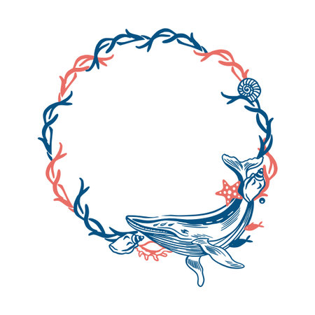 Nautical wreath with a whale, seaweed and shells. Simple hand drawn line art illustration. Vector clip art for postcards, labels and posters.のイラスト素材