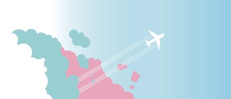 Flying airplane in blue sky in the clouds. Vector illustration.のイラスト素材