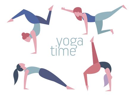 Yoga at home. Modern vector illustration isolated on white background with a cat and flowers.のイラスト素材