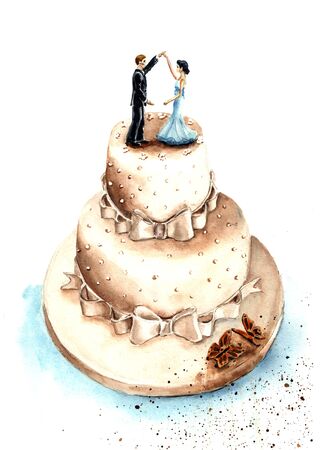 watercolor illustration wedding cream cake with bride and groom figurines, wedding invitation, postcard, greeting, newlywedsの写真素材