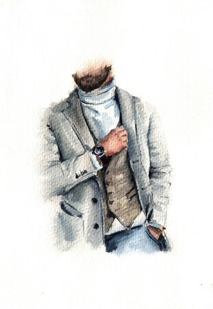 illustration, fashion illustration, fashion image for a business man, silhouette of a man in a pantsuit and vestの写真素材