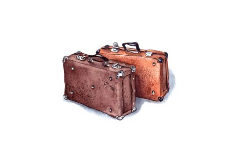 watercolor illustration Isolated, old leather brown suitcase, vintage, retro. sketch for postcard. Retro interiorの写真素材