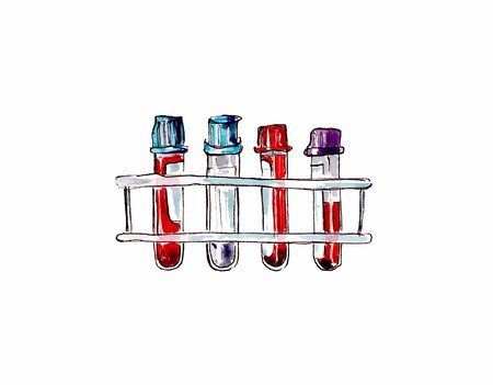 Hand-drawn watercolor illustration: an image of medical test tubes on a gang. Isolated drawingの写真素材