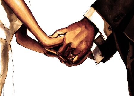 Hand-drawn watercolor illustration. Husband and wife hold hands. Spousesの写真素材