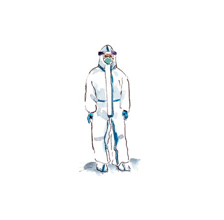 watercolor illustration hand-drawn. the figure of the doctor in white protective clothing during the epidemic.の写真素材