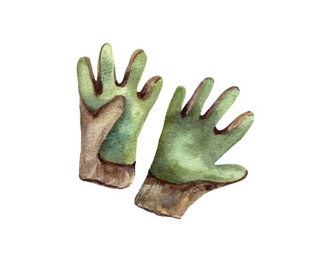 hand-drawn watercolor illustration. garden tools and accessories: green gloves for work in the garden, hand protection.の写真素材