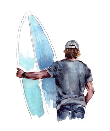 Illustration of surfing, surfer stands back, surfer with surfboard, posing for camera, active lifeの写真素材