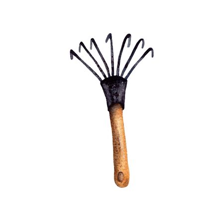 hand-drawn watercolor illustration. garden tools for plant care, gardening assistance. small black rake with wooden handle, Provence Style. isolatedの写真素材