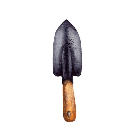 nd-drawn watercolor illustration. garden tools for plant care, gardening assistance. small black shovel with wooden handle, Provence Style. isolatedの写真素材