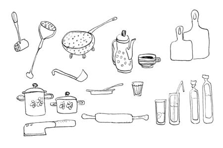 The illustration is hand-drawn. drawing in a black contour. Cooking accessories, kitchen accessories. Isolatedの写真素材