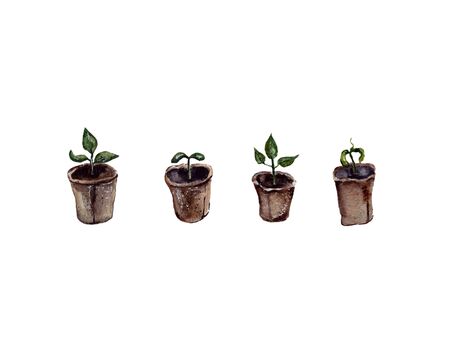 watercolor illustration drawn by hand. gardening supplies. containers for growing plants, garden pots for seedlings of brown color. isolatedの写真素材
