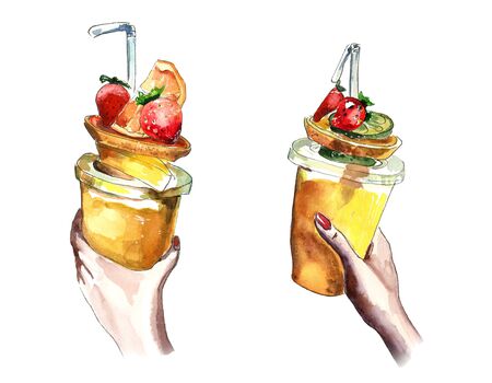 a hand-drawn watercolor illustration, refreshing drinks in the hands of a girl with a bright red manicure, a tropical drink, a beach summer party. isolatedの写真素材