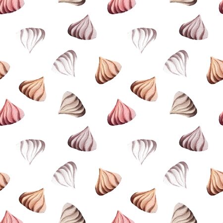 Hand-drawn watercolor illustration. Seamless pattern. A set of small meringues. Multi-colored marshmallow on a white background. Isolatedの写真素材