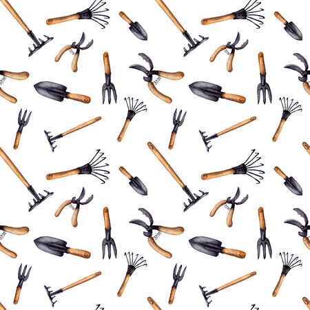 Hand-drawn watercolor illustration. Seamless pattern. A set of items for gardening. Garden tools on a wooden handle. Isolated on a white backgroundの写真素材