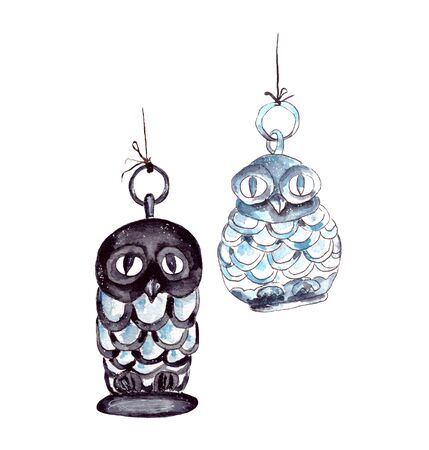 Hand-drawn watercolor illustration. Two owls of different colors hang on the ceiling to decorate the interior. The attribute of the celebration of Halloween. Isolated on a white backgroundの写真素材