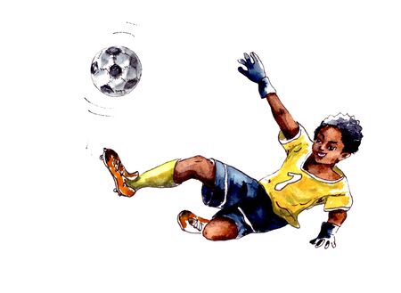 Hand-drawn watercolor illustration. Children's sports: football, a boy goalkeeper in a yellow football uniform catches the ball, reflects the blow. Isolated on a white backgroundの写真素材