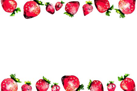 hand-drawn watercolor illustration.red strawberries on the edge of the border.rectangular frame for postcards with space for printing text. template for greetings, invitations, banners, business cardsの写真素材