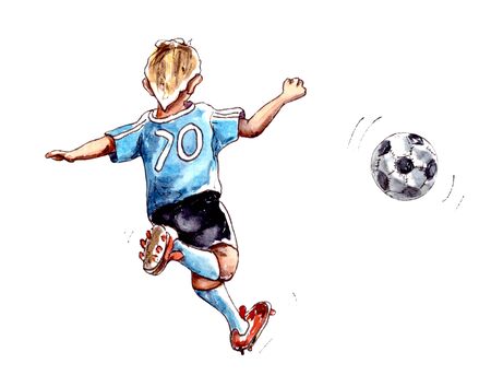 Hand-drawn watercolor illustration.Children's sport.Children play soccer.A boy soccer player in a blue uniform with a number plays with a green soccer ball.Isolated on a white background..の写真素材