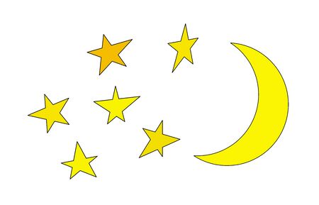 Illustration. Moon and stars closeup. Abstract moon. Yellow moon and stars isolated on white backgroundの写真素材