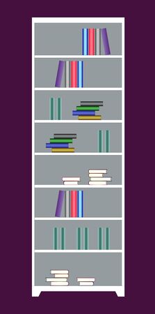 Illustration. White wooden bookcase with books in the interior of the house and apartment. Isolated against a purple wall.の写真素材