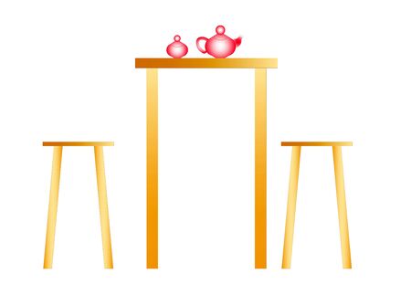 Illustration wooden chairs and table in natural color isolated on a white backgroundの写真素材