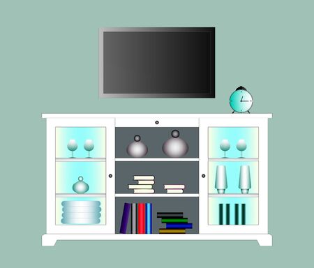 Illustration. A large black widescreen TV and a white wooden sideboard sideboard in a bright room. Isolatedの写真素材