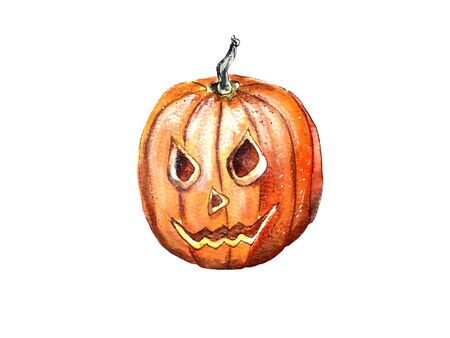 hand-drawn watercolor illustration. yellow pumpkin, celebration of All Saints&#39; Day-Halloween. scarecrow. Interior decoration, attribute, isolatedの写真素材