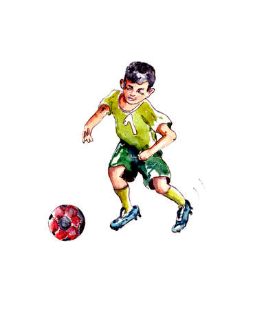 watercolor illustration of a boy in green uniform playing football with a ball. isolated on a white background.の写真素材