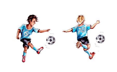 watercolor illustration of two boys in blue uniforms playing soccer with a white ball.isolated on a white background.の写真素材