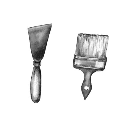 watercolor illustration of a black and white image of the repair tools.spatula and paint brush. isolated on a white background.の写真素材