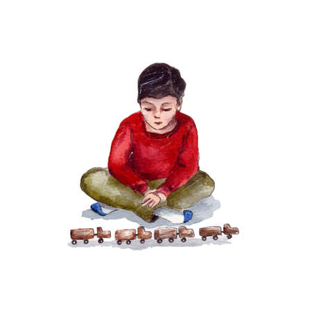 watercolor illustration of a boy character sitting on the floor and playing with typewriters. isolated on a white backgroundの写真素材