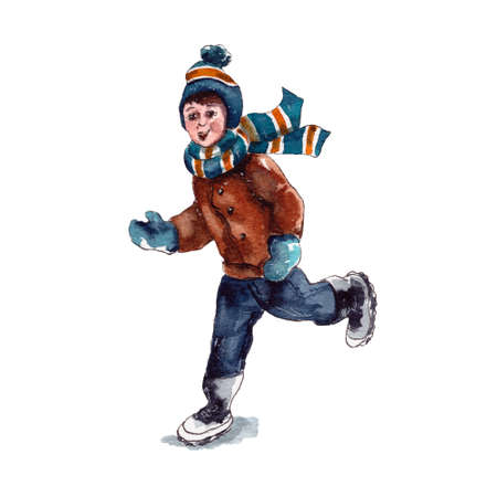 watercolor illustration of the character of a boy in winter clothes running. isolated on a white background.の写真素材