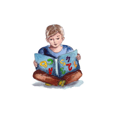 watercolor illustration of a boy reading a book sitting on the floor. isolated on a white background.の写真素材