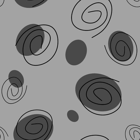 Illustration. Seamless pattern. Black spirals of different sizes and grey circles on a grey background Isolated.の写真素材