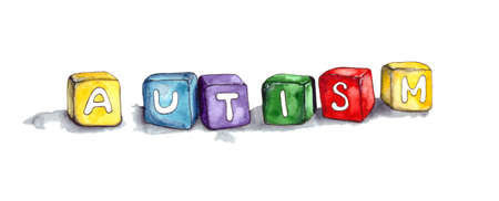 Watercolor illustration.Autism spectrum disorder ASD . The word autism is written on colored blocks. World autism awareness day. The concept of health care. Isolated on a white background.の写真素材